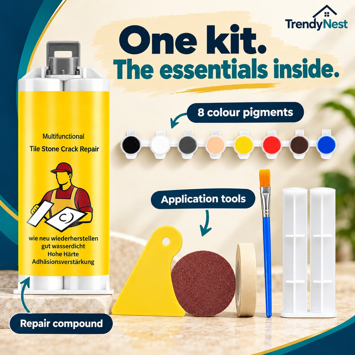 Repair compound and included pigments and application tools