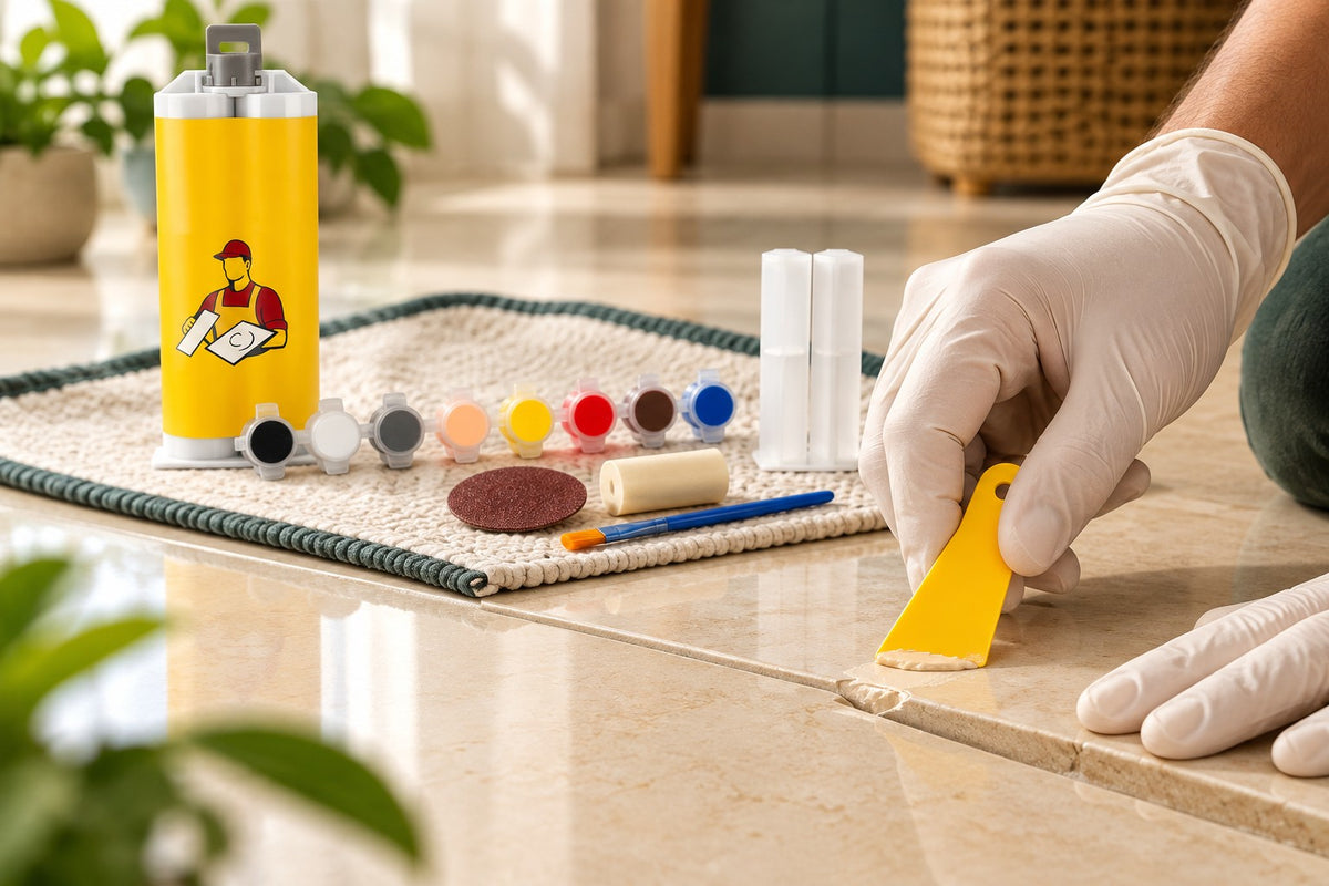 Illustrative application: gloved hand using repair compound on a small tile chip