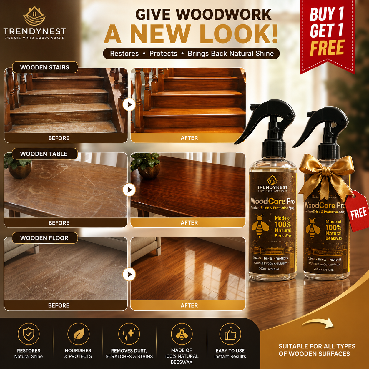 TrendyNest WoodCare Pro | India's No. 1 Natural Furniture Shine & Protection Spray
