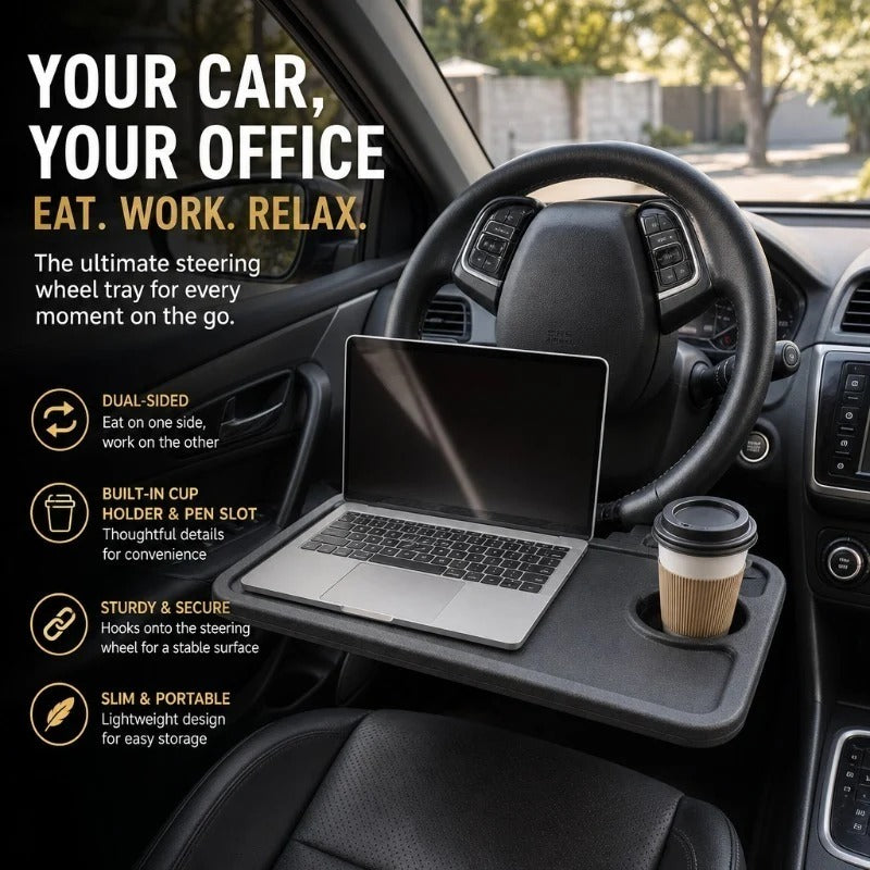 2-in-1 Car Steering Wheel Desk - Black ABS Plastic Food & Laptop Tray