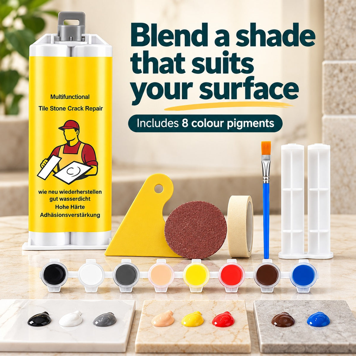 Repair kit with eight colour pigments for adjusting the repair shade