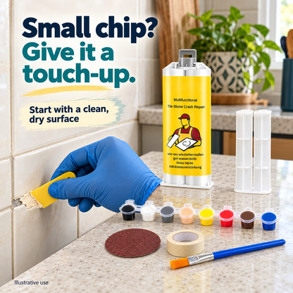 AI-generated illustrative use: gloved hand applying repair compound with the yellow scraper to a small tile chip on a clean, dry surface