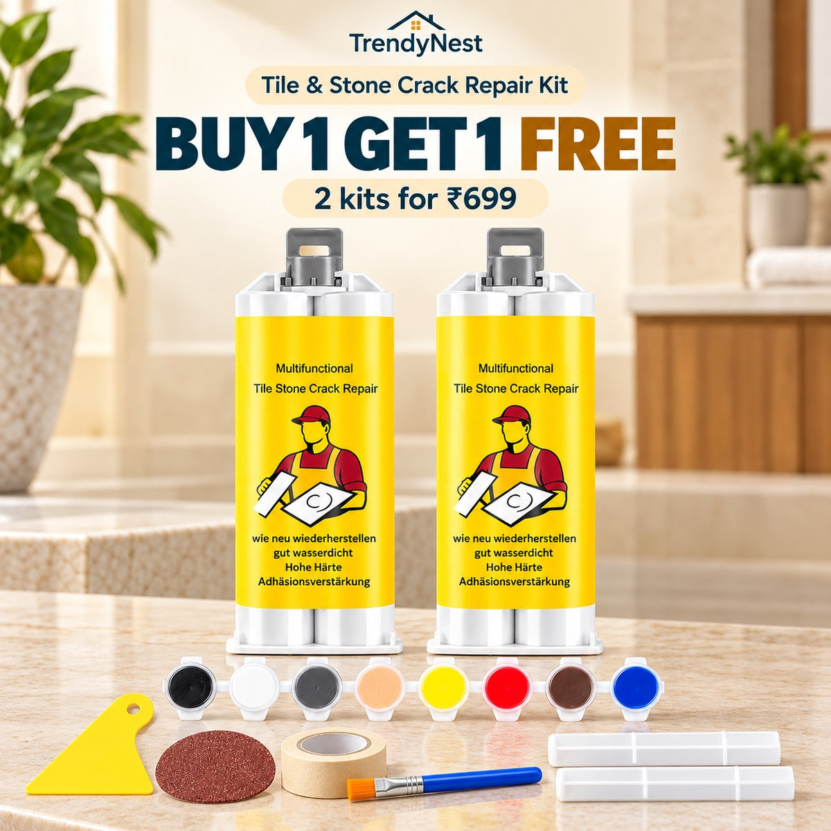 TrendyNest Buy 1 Get 1 Free offer: two tile and stone crack repair cartridges with colour pigments and application tools; 2 kits for ₹699
